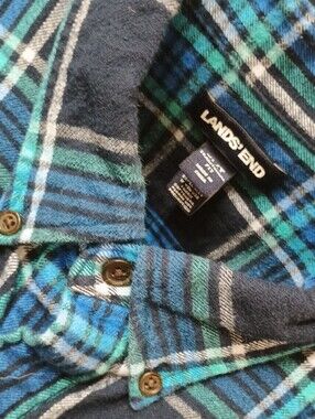 Lands' End Flannel Teal & Navy Plaid Button-Down Shirt